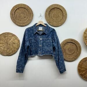 Le Lis Blue Floral Flower Embroidered Cropped Crop Denim Jean Jacket Medium